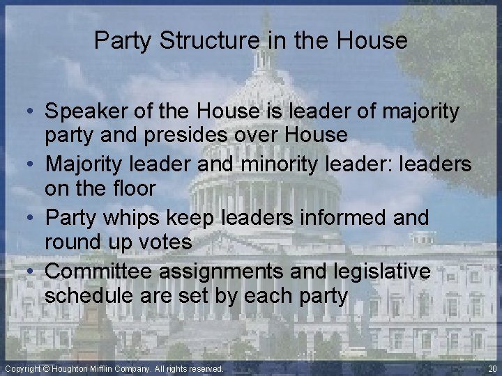 Party Structure in the House • Speaker of the House is leader of majority