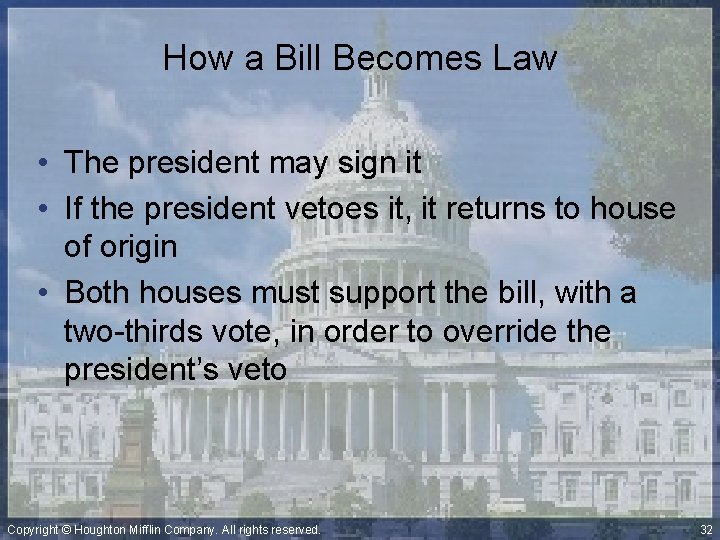 How a Bill Becomes Law • The president may sign it • If the