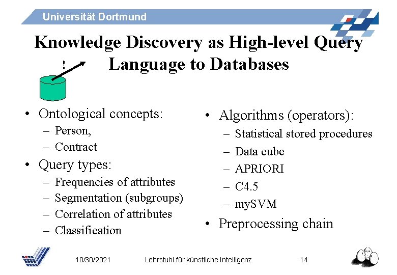 Universität Dortmund Knowledge Discovery as High-level Query ! Language to Databases • Ontological concepts: