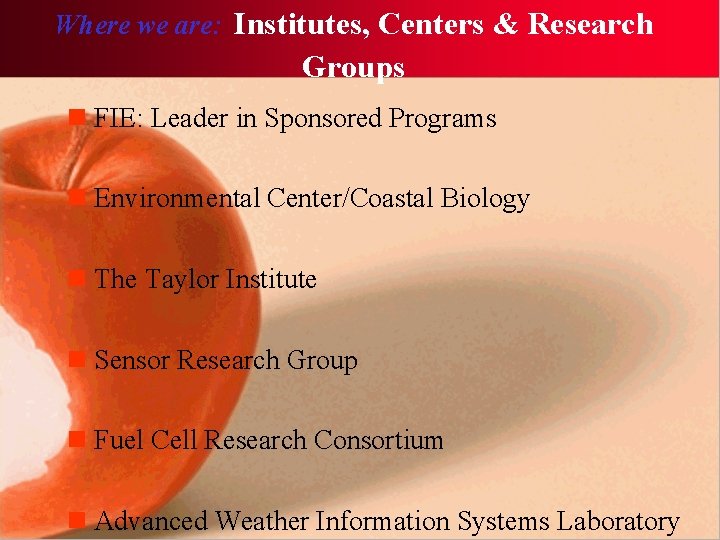 Where we are: Institutes, Centers & Research Groups n FIE: Leader in Sponsored Programs