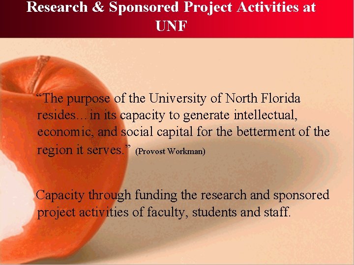 Research & Sponsored Project Activities at UNF “The purpose of the University of North