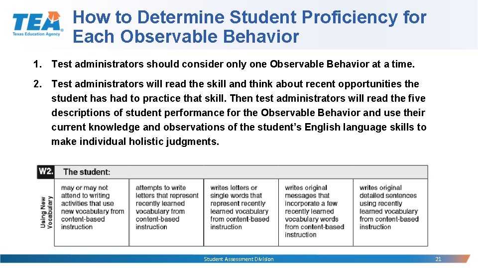 How to Determine Student Proficiency for Each Observable Behavior 1. Test administrators should consider