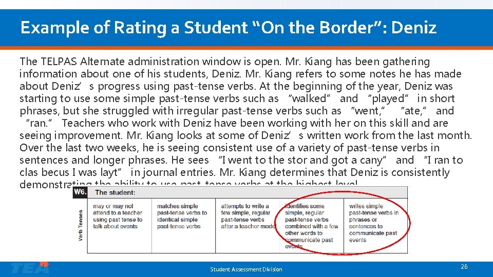 Example of Rating a Student “On the Border”: Deniz The TELPAS Alternate administration window