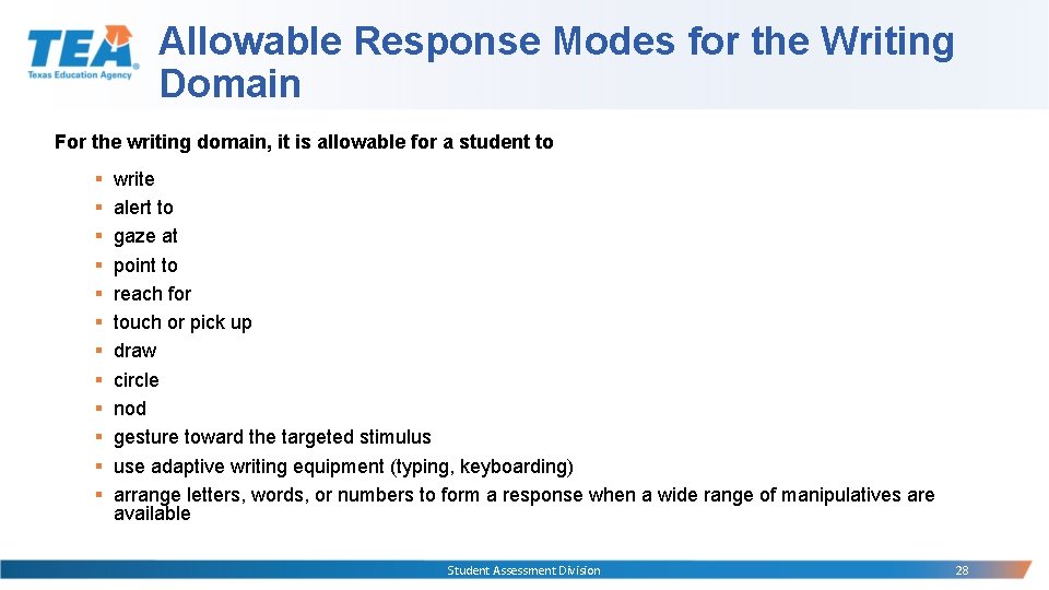 Allowable Response Modes for the Writing Domain For the writing domain, it is allowable