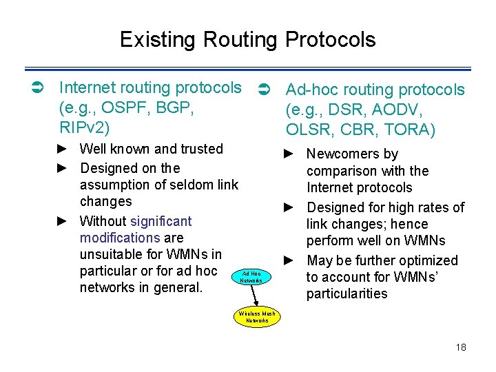 Existing Routing Protocols Ü Internet routing protocols Ü Ad-hoc routing protocols (e. g. ,