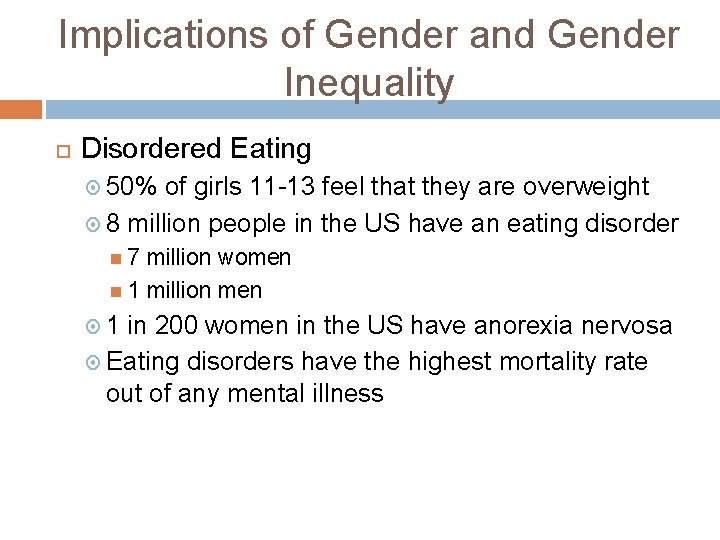 Implications of Gender and Gender Inequality Disordered Eating 50% of girls 11 -13 feel