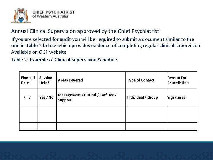 Annual Clinical Supervision approved by the Chief Psychiatrist: If you are selected for audit