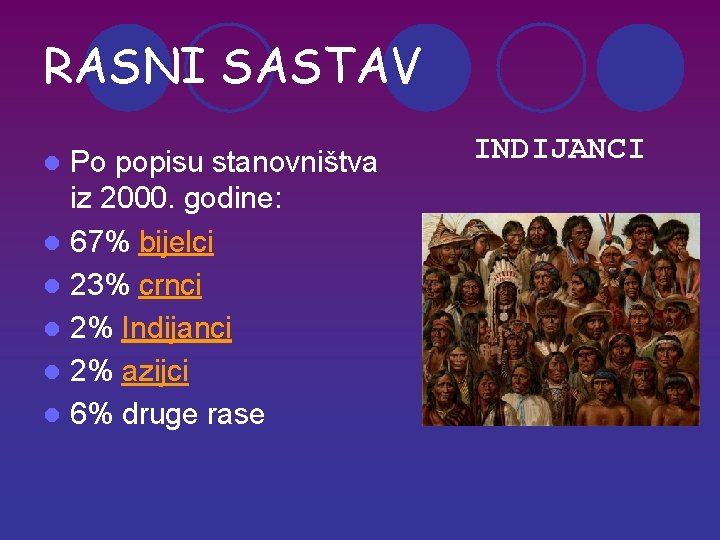RASNI SASTAV Po popisu stanovništva iz 2000. godine: l 67% bijelci l 23% crnci