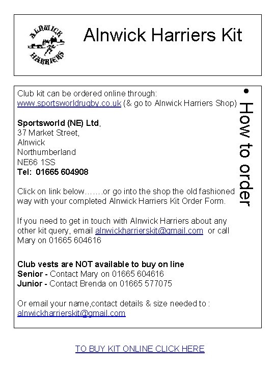 Alnwick Harriers Kit • How to order Club kit can be ordered online through: