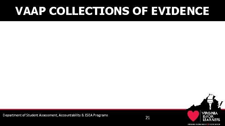 VAAP COLLECTIONS OF EVIDENCE Department of Student Assessment, Accountability & ESEA Programs 21 