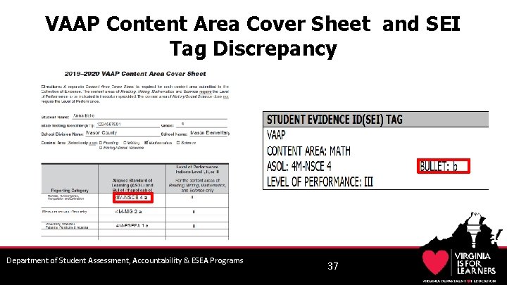 VAAP Content Area Cover Sheet and SEI Tag Discrepancy Department of Student Assessment, Accountability