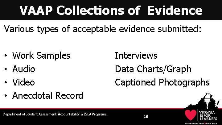 VAAP Collections of Evidence Various types of acceptable evidence submitted: • • Work Samples