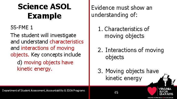 Science ASOL Example 5 S-FME 1 The student will investigate and understand characteristics and