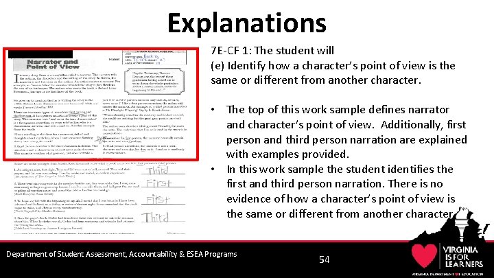 Explanations 7 E-CF 1: The student will (e) Identify how a character’s point of