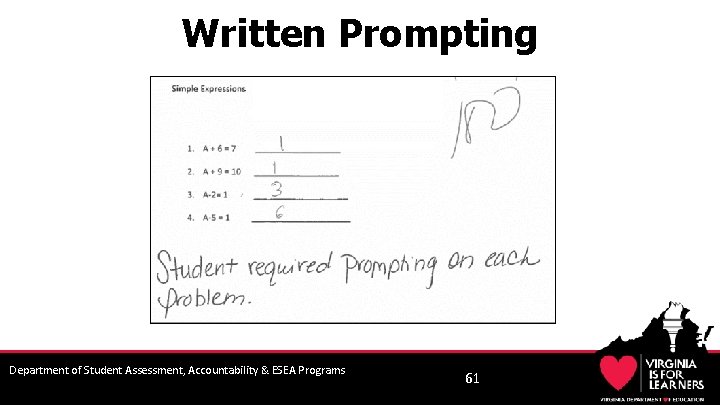 Written Prompting Department of Student Assessment, Accountability & ESEA Programs 61 