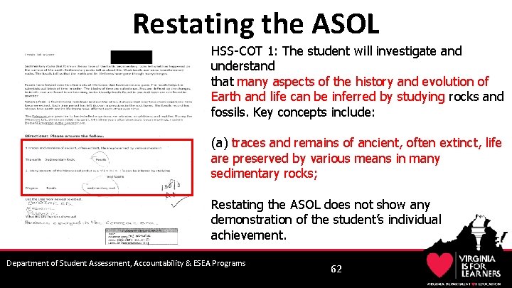 Restating the ASOL HSS-COT 1: The student will investigate and understand that many aspects