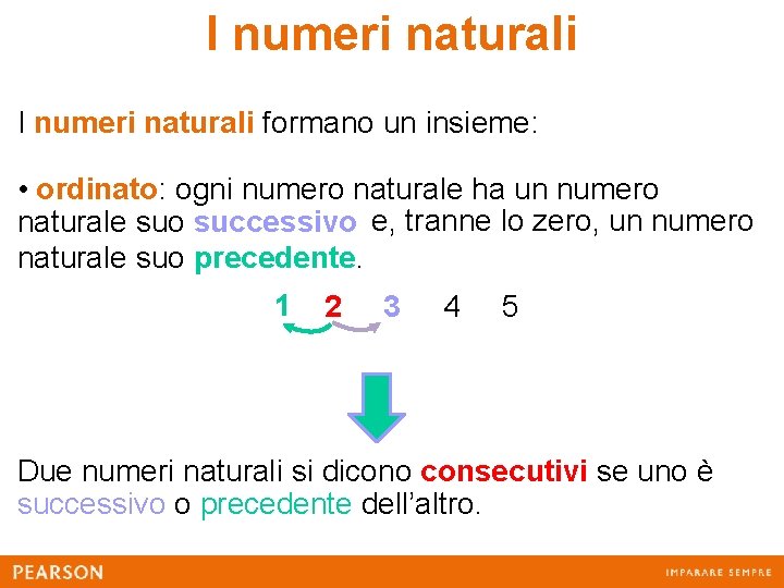 I numeri naturali formano un insieme: • ordinato: ogni numero naturale ha un numero