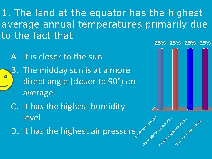 1. The land at the equator has the highest average annual temperatures primarily due