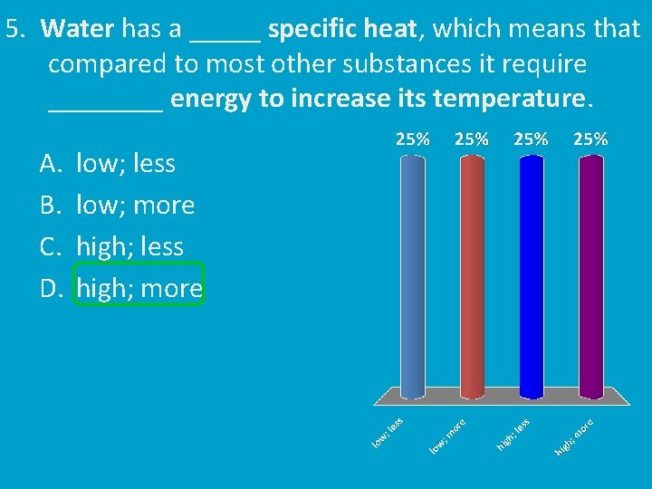 5. Water has a _____ specific heat, which means that compared to most other