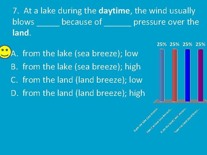 7. At a lake during the daytime, the wind usually blows _____ because of