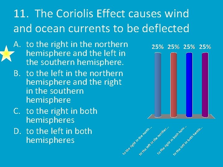 11. The Coriolis Effect causes wind and ocean currents to be deflected A. to