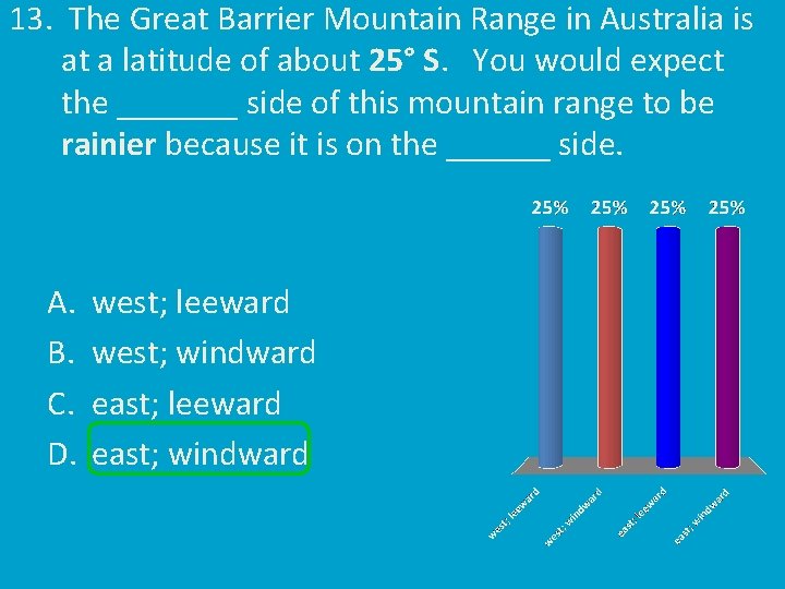 13. The Great Barrier Mountain Range in Australia is at a latitude of about