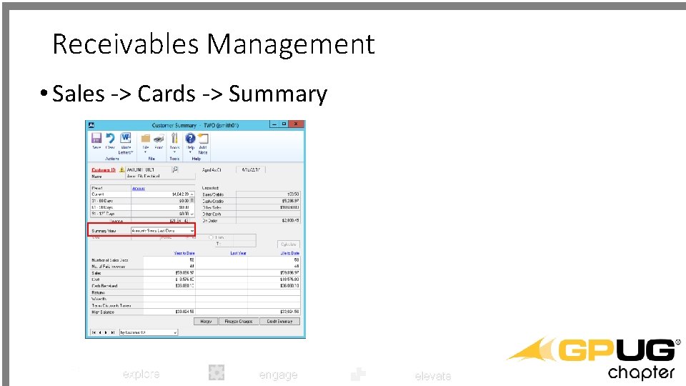 Receivables Management • Sales -> Cards -> Summary explore engage elevate 