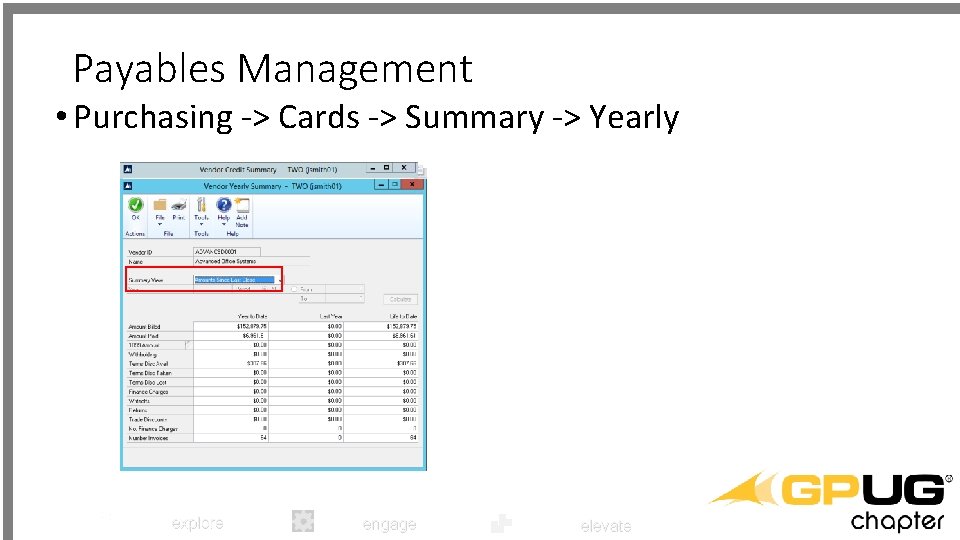 Payables Management • Purchasing -> Cards -> Summary -> Yearly explore engage elevate 