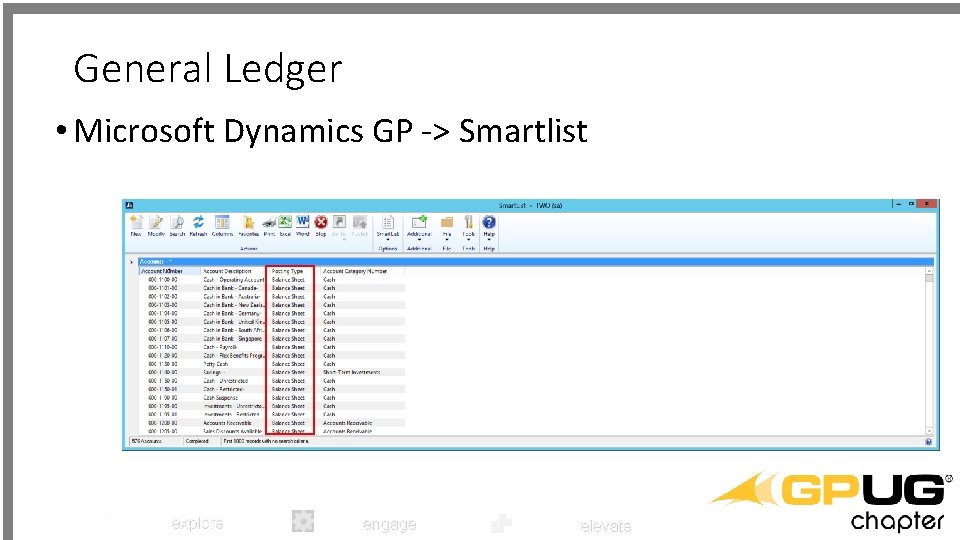 General Ledger • Microsoft Dynamics GP -> Smartlist explore engage elevate 