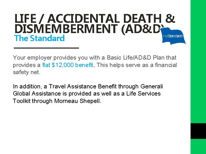 LIFE / ACCIDENTAL DEATH & DISMEMBERMENT (AD&D) The Standard Your employer provides you with