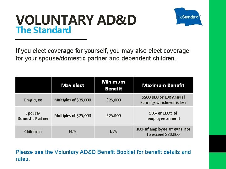 VOLUNTARY AD&D The Standard If you elect coverage for yourself, you may also elect
