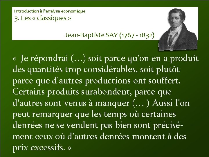 Introduction à l’analyse économique 3. Les « classiques » Jean-Baptiste SAY (1767 - 1832)