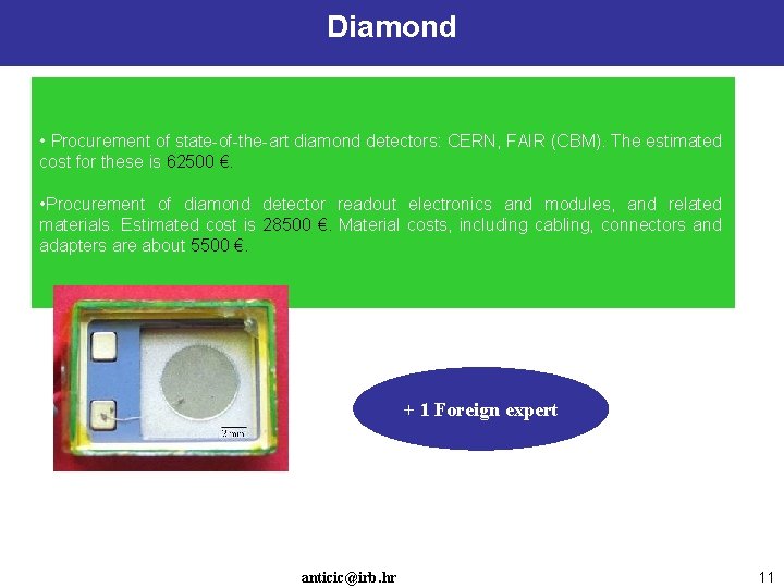 Diamond • Procurement of state-of-the-art diamond detectors: CERN, FAIR (CBM). The estimated cost for