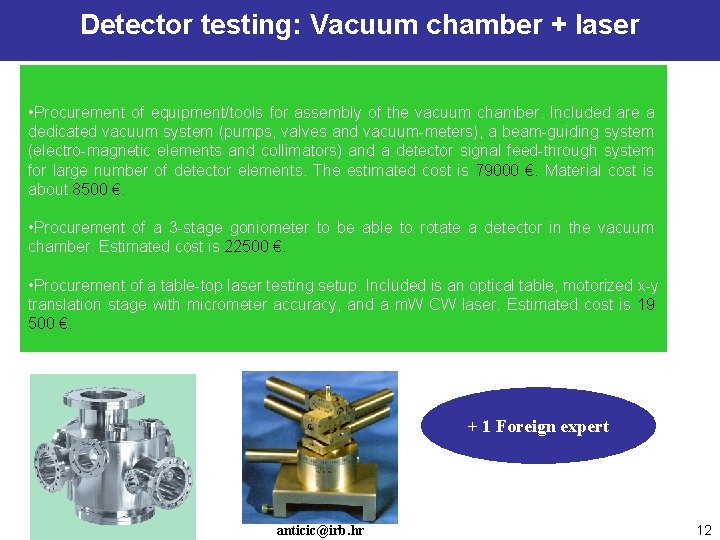 Detector testing: Vacuum chamber + laser • Procurement of equipment/tools for assembly of the