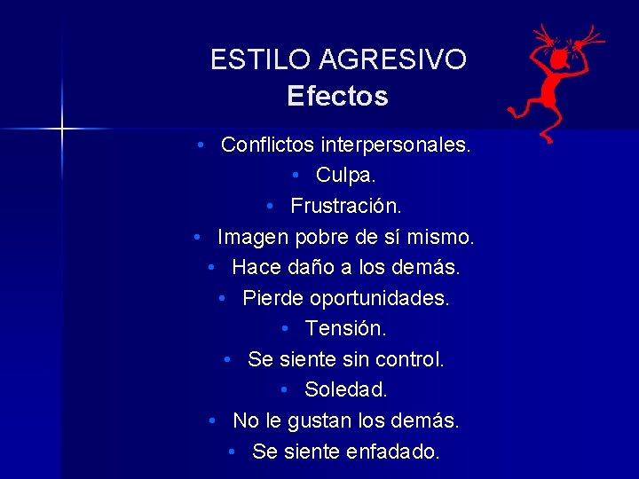 ESTILO AGRESIVO Efectos • Conflictos interpersonales. • Culpa. • Frustración. • Imagen pobre de ESTILO AGRESIVO Efectos • Conflictos interpersonales. • Culpa. • Frustración. • Imagen pobre de