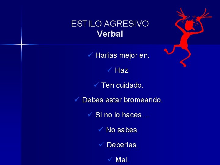 ESTILO AGRESIVO Verbal ü Harías mejor en. ü Haz. ü Ten cuidado. ü Debes ESTILO AGRESIVO Verbal ü Harías mejor en. ü Haz. ü Ten cuidado. ü Debes