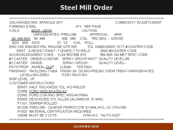 Steel Mill Order ======================================== GALVANIZED MIN. SPANGLE SHT COMMODITY 92 -62572 -85007 FORMING STEEL