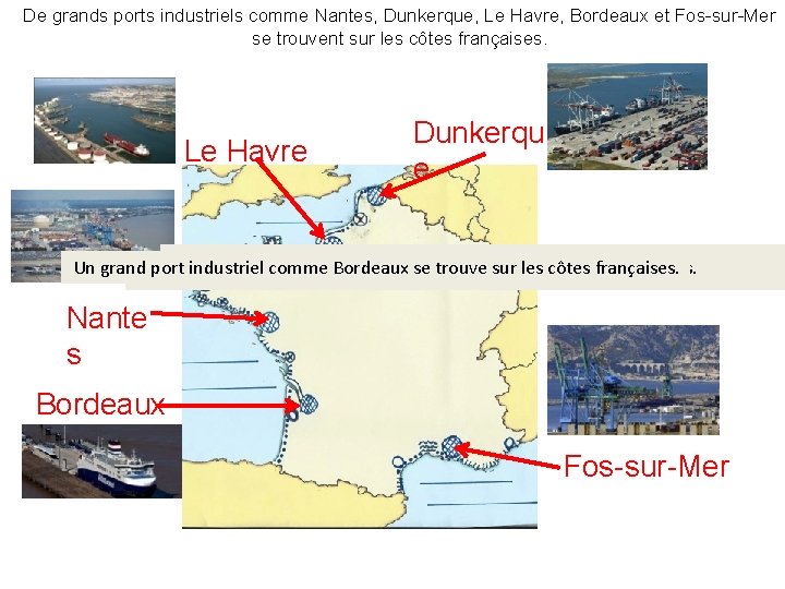 De grands ports industriels comme Nantes, Dunkerque, Le Havre, Bordeaux et Fos-sur-Mer se trouvent