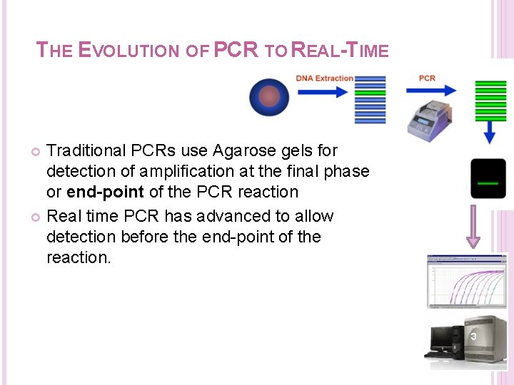 THE EVOLUTION OF PCR TO REAL-TIME Traditional PCRs use Agarose gels for detection of