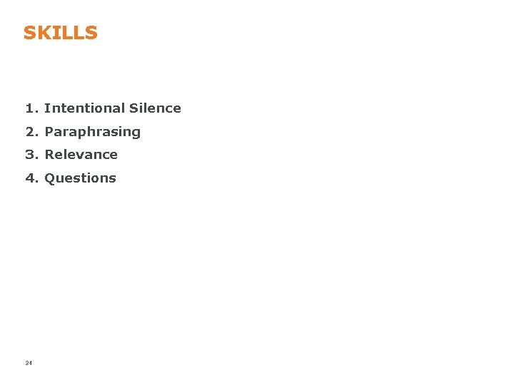 SKILLS 1. Intentional Silence 2. Paraphrasing 3. Relevance 4. Questions 34 