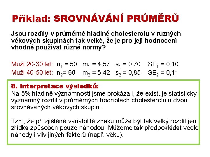 Příklad: SROVNÁVÁNÍ PRŮMĚRŮ Jsou rozdíly v průměrné hladině cholesterolu v různých věkových skupinách tak