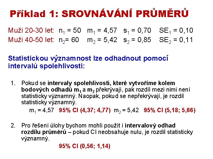 Příklad 1: SROVNÁVÁNÍ PRŮMĚRŮ Muži 20 -30 let: n 1 = 50 m 1