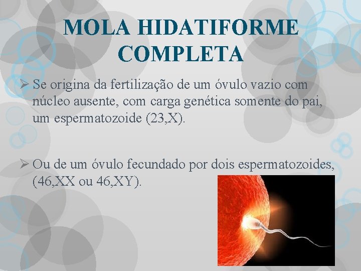 MOLA HIDATIFORME COMPLETA Ø Se origina da fertilização de um óvulo vazio com núcleo