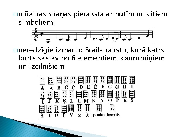 � mūzikas skaņas pieraksta ar notīm un citiem simboliem; � neredzīgie izmanto Braila rakstu,