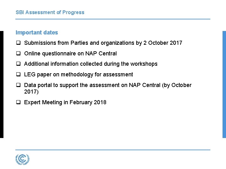 SBI Assessment of Progress Important dates q Submissions from Parties and organizations by 2