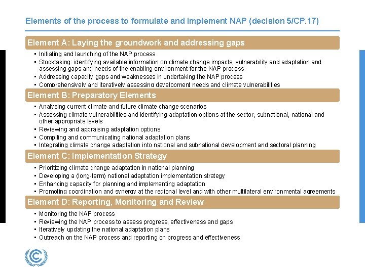 Elements of the process to formulate and implement NAP (decision 5/CP. 17) Element A: