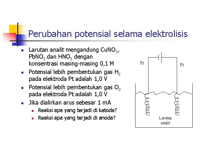 Perubahan potensial selama elektrolisis n n Larutan analit mengandung Cu. NO 3, Pb. NO