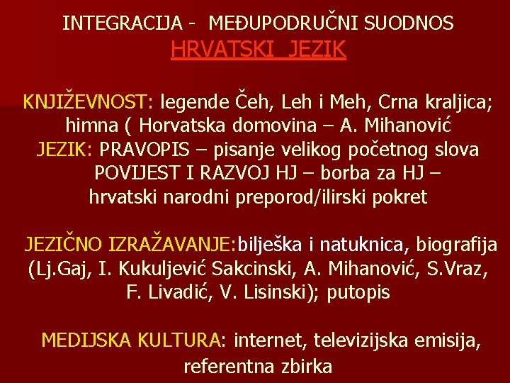 INTEGRACIJA - MEĐUPODRUČNI SUODNOS HRVATSKI JEZIK KNJIŽEVNOST: legende Čeh, Leh i Meh, Crna kraljica;