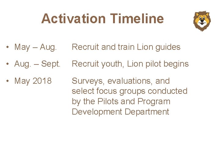 Activation Timeline • May – Aug. Recruit and train Lion guides • Aug. –