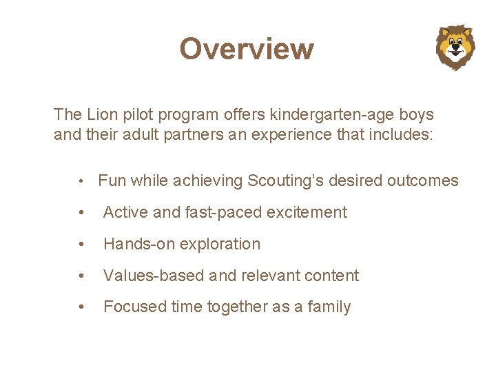 Overview The Lion pilot program offers kindergarten-age boys and their adult partners an experience